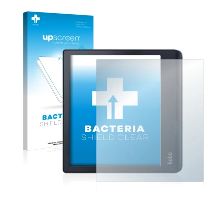 Parte frontale di una confezione del prodotto con il logo del marchio upscreen. Accanto è raffigurato il dispositivo Kobo Sage