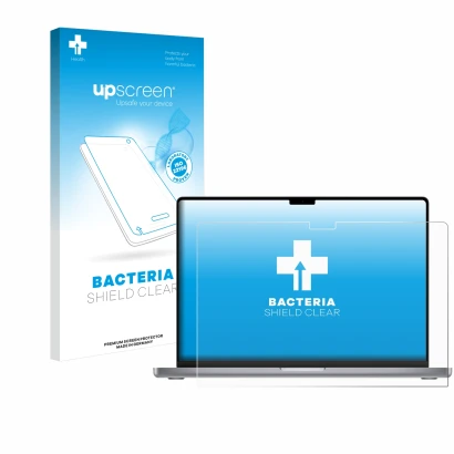 Parte frontale di una confezione del prodotto con il logo del marchio upscreen. Accanto è raffigurato il dispositivo Apple Mac