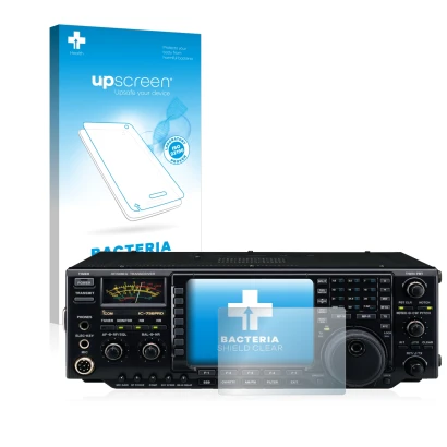 Parte frontale di una confezione del prodotto con il logo del marchio upscreen. Accanto è raffigurato il dispositivo Icom IC-7