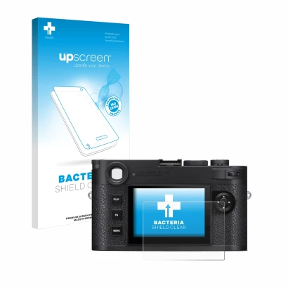 Parte frontale di una confezione del prodotto con il logo del marchio upscreen. Accanto è raffigurato il dispositivo Leica M11