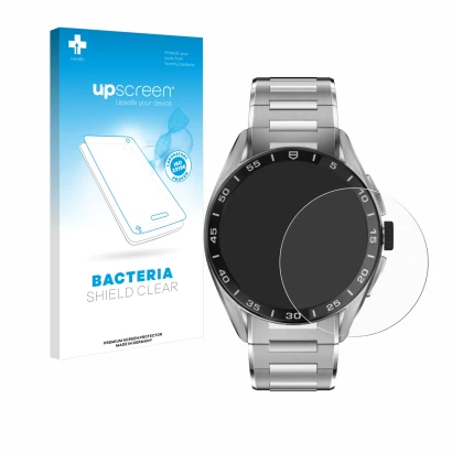 Parte frontale di una confezione del prodotto con il logo del marchio upscreen. Accanto è raffigurato il dispositivo TAG Heuer