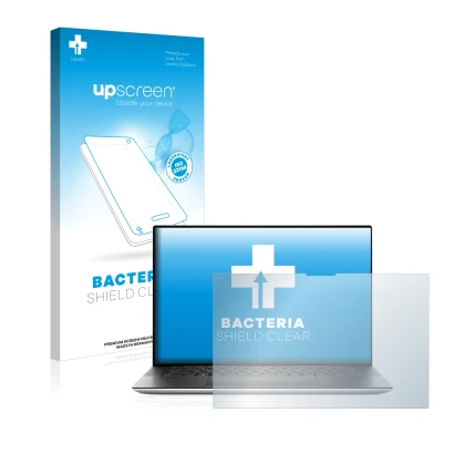 Parte frontale di una confezione del prodotto con il logo del marchio upscreen. Accanto è raffigurato il dispositivo Dell XPS 