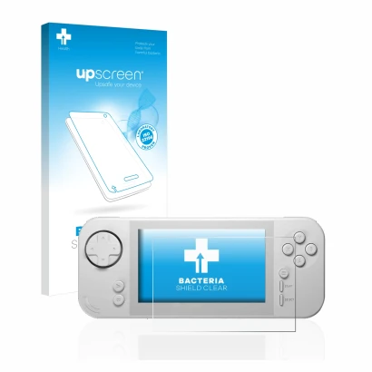 Parte frontale di una confezione del prodotto con il logo del marchio upscreen. Accanto è raffigurato il dispositivo Evercade