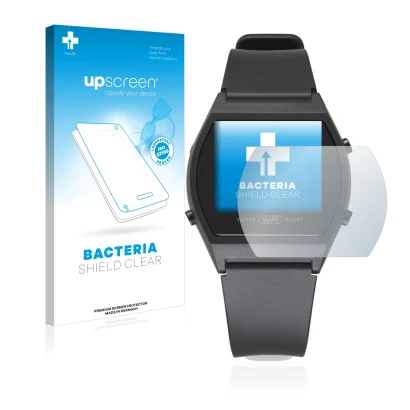 Parte frontale di una confezione del prodotto con il logo del marchio upscreen. Accanto è raffigurato il dispositivo Casio LW-