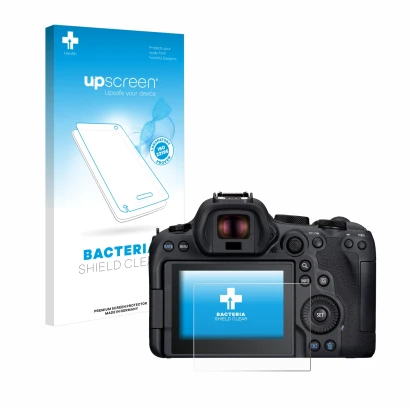 Parte frontale di una confezione del prodotto con il logo del marchio upscreen. Accanto è raffigurato il dispositivo Canon EOS