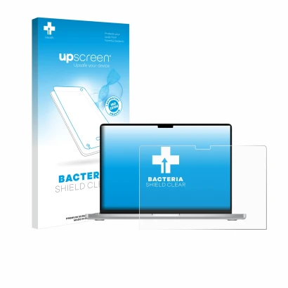 Parte frontale di una confezione del prodotto con il logo del marchio upscreen. Accanto è raffigurato il dispositivo Apple Mac