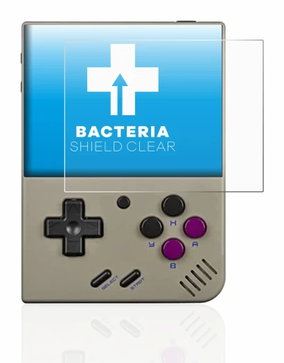 Immagine del dispositivo Miyoo Mini Plus con un'ampia varietà di protezioni per lo schermo.