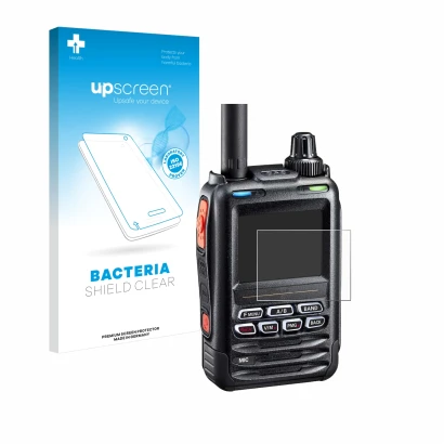 Parte frontale di una confezione del prodotto con il logo del marchio upscreen. Accanto è raffigurato il dispositivo Yaesu FT-