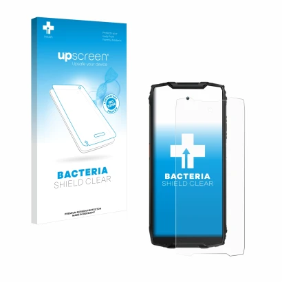 Parte frontale di una confezione del prodotto con il logo del marchio upscreen. Accanto è raffigurato il dispositivo Blackview