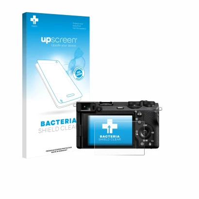 Parte frontale di una confezione del prodotto con il logo del marchio upscreen. Accanto è raffigurato il dispositivo Sony Alph