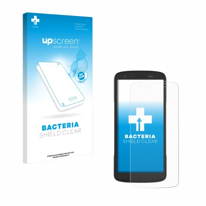 Parte frontale di una confezione del prodotto con il logo del marchio upscreen. Accanto è raffigurato il dispositivo Zebra TC2