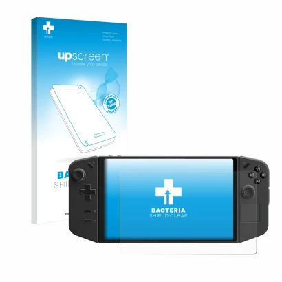 Parte frontale di una confezione del prodotto con il logo del marchio upscreen. Accanto è raffigurato il dispositivo Lenovo Le