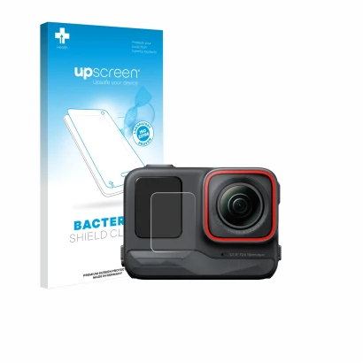 Parte frontale di una confezione del prodotto con il logo del marchio upscreen. Accanto è raffigurato il dispositivo Insta360