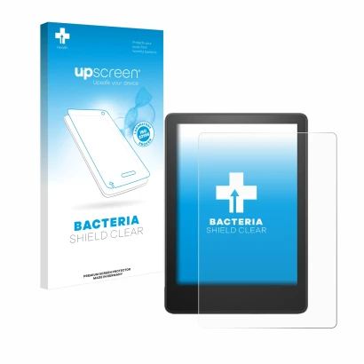 Parte frontale di una confezione del prodotto con il logo del marchio upscreen. Accanto è raffigurato il dispositivo Amazon Ki