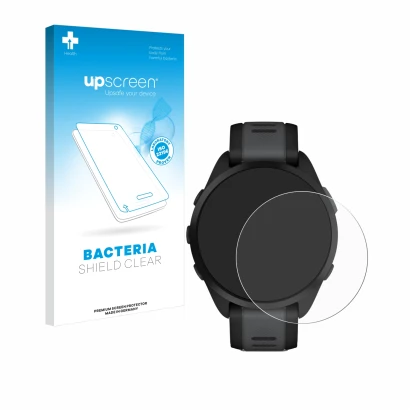 Parte frontale di una confezione del prodotto con il logo del marchio upscreen. Accanto è raffigurato il dispositivo Garmin Fo