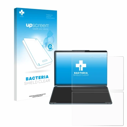 Parte frontale di una confezione del prodotto con il logo del marchio upscreen. Accanto è raffigurato il dispositivo Lenovo Yo