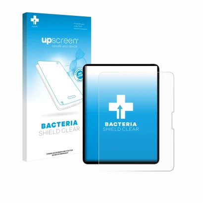 Parte frontale di una confezione del prodotto con il logo del marchio upscreen. Accanto è raffigurato il dispositivo Apple iPa