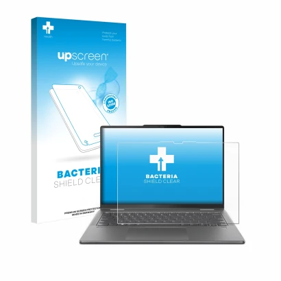 Parte frontale di una confezione del prodotto con il logo del marchio upscreen. Accanto è raffigurato il dispositivo Lenovo Yo