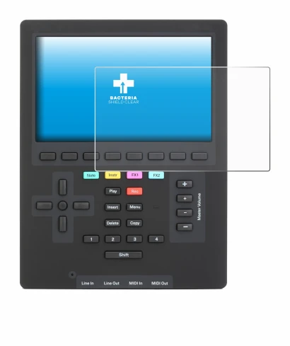 Immagine del dispositivo Polyend Tracker Mini con un'ampia varietà di protezioni per lo schermo.