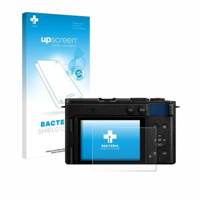 Parte frontale di una confezione del prodotto con il logo del marchio upscreen. Accanto è raffigurato il dispositivo Panasonic