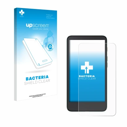 Parte frontale di una confezione del prodotto con il logo del marchio upscreen. Accanto è raffigurato il dispositivo Xiaomi Mo