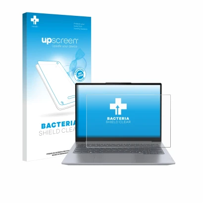 Parte frontale di una confezione del prodotto con il logo del marchio upscreen. Accanto è raffigurato il dispositivo Lenovo Th