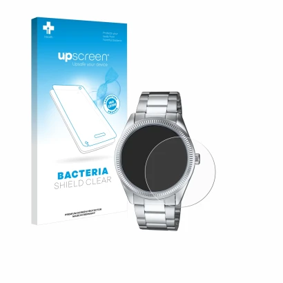 Parte frontale di una confezione del prodotto con il logo del marchio upscreen. Accanto è raffigurato il dispositivo Casio MTP