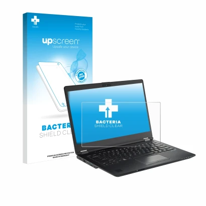 Parte frontale di una confezione del prodotto con il logo del marchio upscreen. Accanto è raffigurato il dispositivo Fujitsu L