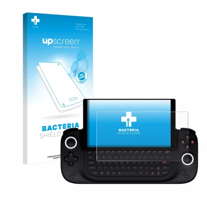 Parte frontale di una confezione del prodotto con il logo del marchio upscreen. Accanto è raffigurato il dispositivo Ayaneo Sl