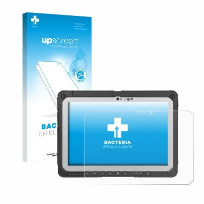 Parte frontale di una confezione del prodotto con il logo del marchio upscreen. Accanto è raffigurato il dispositivo Panasonic