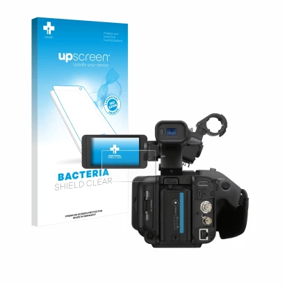 Parte frontale di una confezione del prodotto con il logo del marchio upscreen. Accanto è raffigurato il dispositivo Sony PXW-