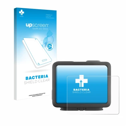 Parte frontale di una confezione del prodotto con il logo del marchio upscreen. Accanto è raffigurato il dispositivo GoPro Her