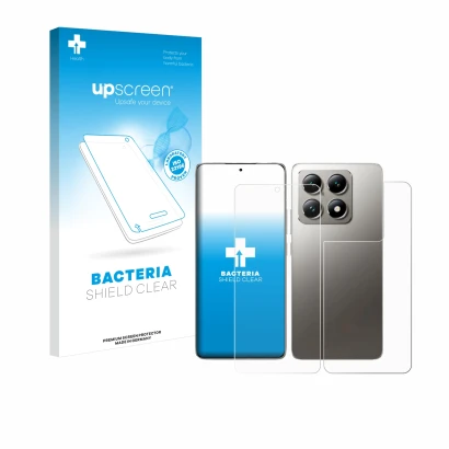 Parte frontale di una confezione del prodotto con il logo del marchio upscreen. Accanto è raffigurato il dispositivo Xiaomi 14