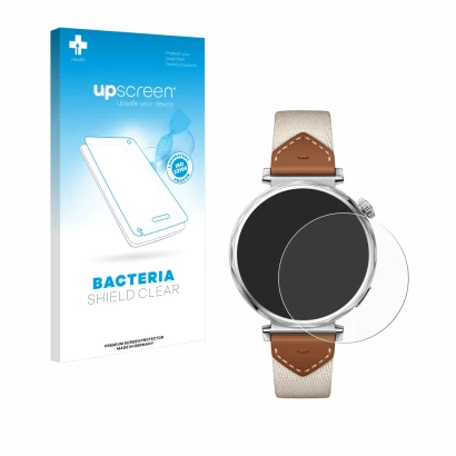 Parte frontale di una confezione del prodotto con il logo del marchio upscreen. Accanto è raffigurato il dispositivo Huawei Wa