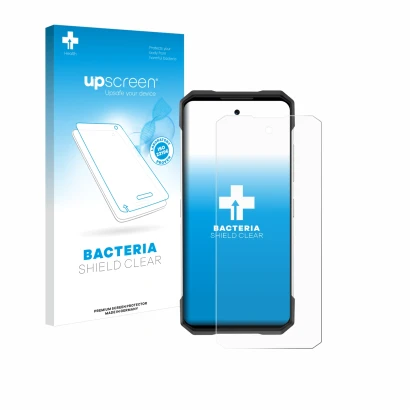 Parte frontale di una confezione del prodotto con il logo del marchio upscreen. Accanto è raffigurato il dispositivo Doogee S2