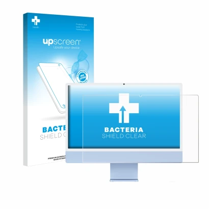 Parte frontale di una confezione del prodotto con il logo del marchio upscreen. Accanto è raffigurato il dispositivo Apple iMa