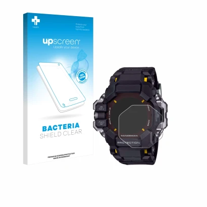 Parte frontale di una confezione del prodotto con il logo del marchio upscreen. Accanto è raffigurato il dispositivo Casio G-S