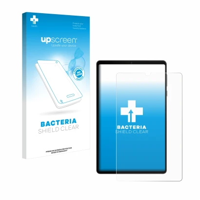 Parte frontale di una confezione del prodotto con il logo del marchio upscreen. Accanto è raffigurato il dispositivo Lenovo Le