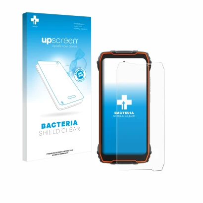 Parte frontale di una confezione del prodotto con il logo del marchio upscreen. Accanto è raffigurato il dispositivo Blackview