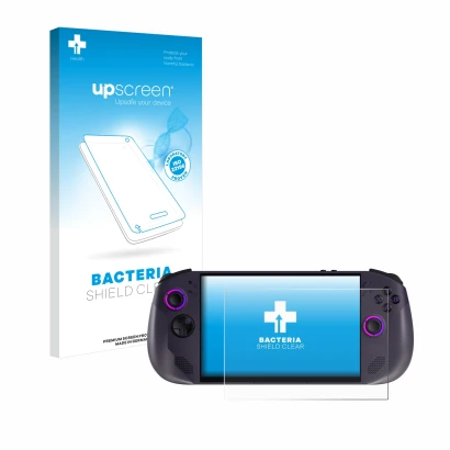 Parte frontale di una confezione del prodotto con il logo del marchio upscreen. Accanto è raffigurato il dispositivo Lenovo Le