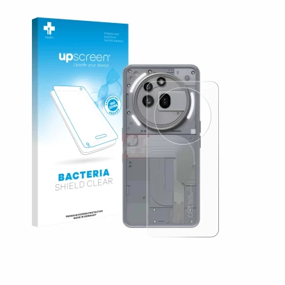 Parte frontale di una confezione del prodotto con il logo del marchio upscreen. Accanto è raffigurato il dispositivo Nothing P