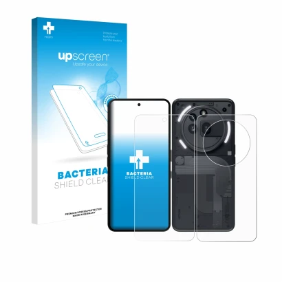 Parte frontale di una confezione del prodotto con il logo del marchio upscreen. Accanto è raffigurato il dispositivo Nothing P