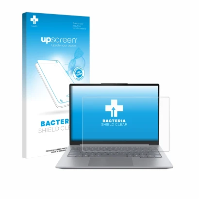 Parte frontale di una confezione del prodotto con il logo del marchio upscreen. Accanto è raffigurato il dispositivo Lenovo Th