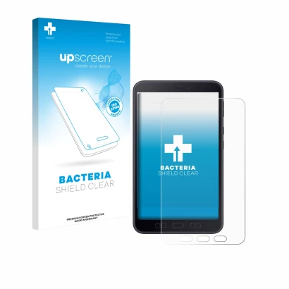 Parte frontale di una confezione del prodotto con il logo del marchio upscreen. Accanto è raffigurato il dispositivo Samsung g