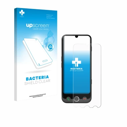 Parte frontale di una confezione del prodotto con il logo del marchio upscreen. Accanto è raffigurato il dispositivo Doro Auro