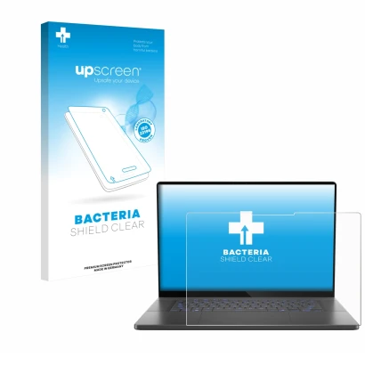 Parte frontale di una confezione del prodotto con il logo del marchio upscreen. Accanto è raffigurato il dispositivo ASUS ROG 