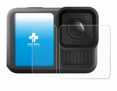 Immagine del dispositivo GoPro Hero 13 Black Ultra Wide Edition con un'ampia varietà di protezioni per lo schermo.