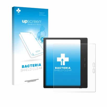 Parte frontale di una confezione del prodotto con il logo del marchio upscreen. Accanto è raffigurato il dispositivo Boox Go C