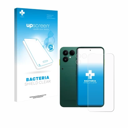 Parte frontale di una confezione del prodotto con il logo del marchio upscreen. Accanto è raffigurato il dispositivo Fairphone