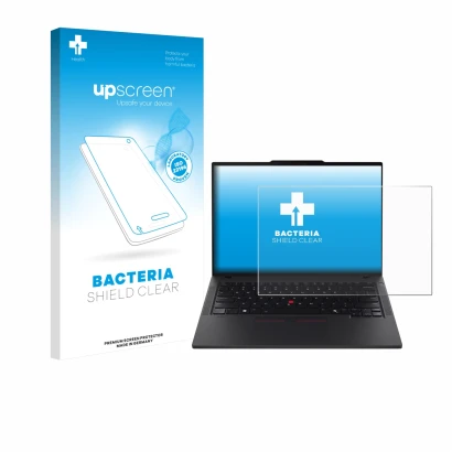 Parte frontale di una confezione del prodotto con il logo del marchio upscreen. Accanto è raffigurato il dispositivo Lenovo Th